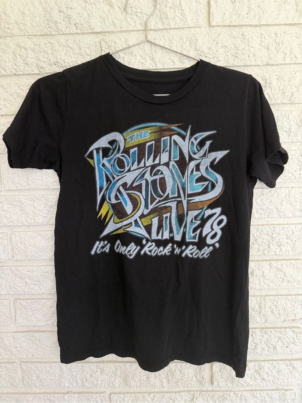 Rowdy Sprout Black Rolling Stones Graphic Tee with Blue, White and Brown Print